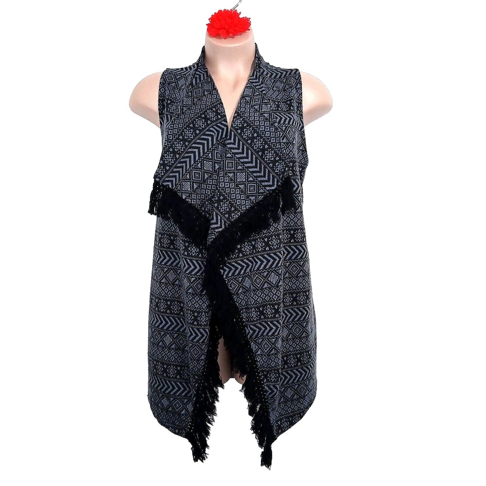 C Women Vest Large Gray Aztec Western Fringe Lagenlook Cow Girl Country Rodeo